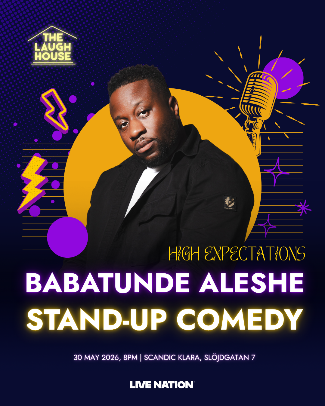 Babatunde Aleshe High Expectations Stand-Up Comedy poster för The Laugh House
